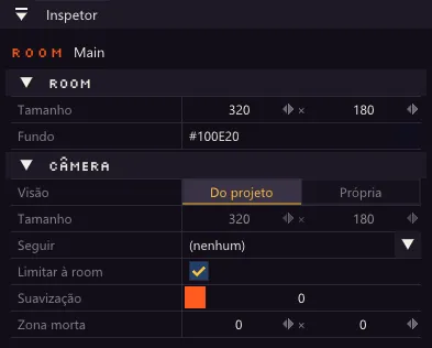 Inspetor da room Main com as seções Room e Câmera: Visão, Tamanho, Seguir, Limitar à room, Suavização e Zona morta.