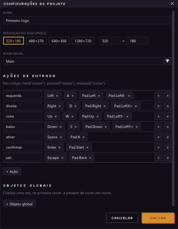 Janela Configurações do projeto com Nome, Resolução do jogo, Room inicial, a tabela de Ações de entrada e os Objetos globais.