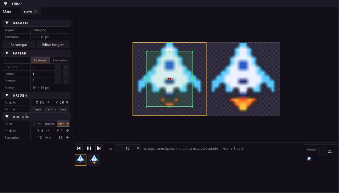 O editor de sprite da nave: as seções Imagem, Fatiar e Origem à esquerda, os dois quadros com a caixa de colisão verde, e a linha do tempo embaixo.