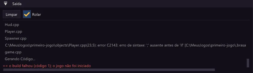 Saída com o erro C2143: ';' ausente antes de 'if' no Player.cpp, linha 23, e a mensagem o build falhou.