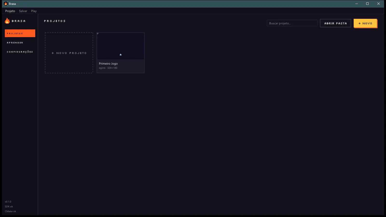 O hub da Brasa: menu lateral com Projetos, Aprender e Configurações, e os cards Novo projeto e Primeiro Jogo.