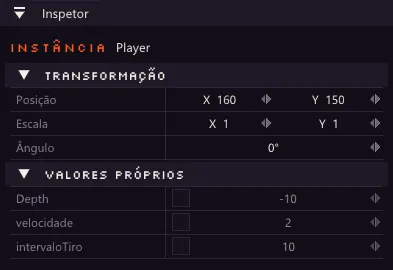 Inspetor de uma instância com as seções Transformação e Valores próprios.