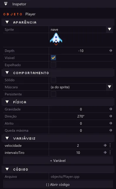 Inspetor do objeto Player com as seções Aparência, Comportamento, Física, Variáveis e Código.