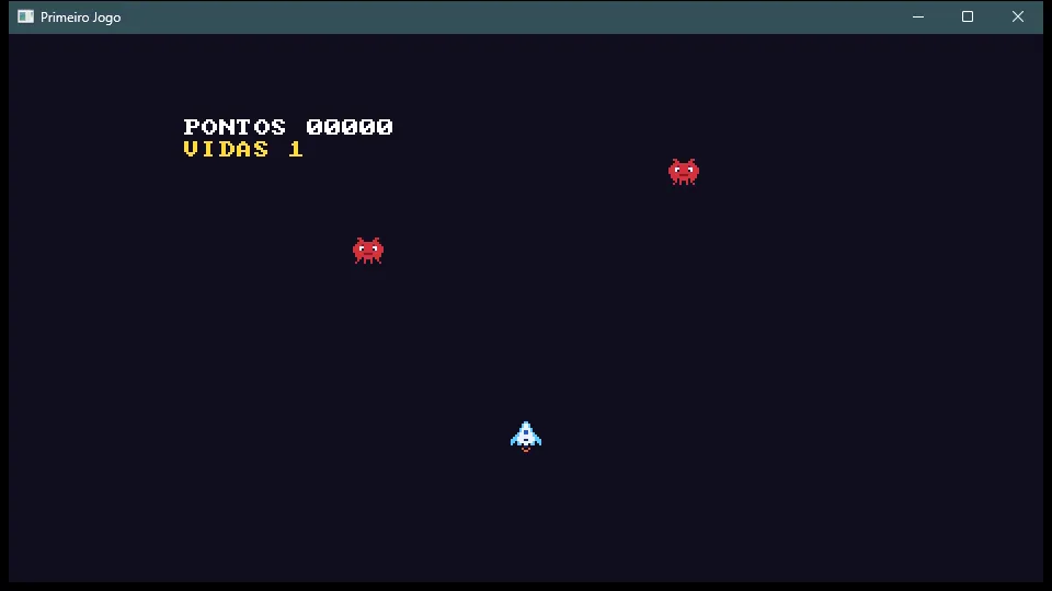 O jogo pronto: a nave embaixo, dois inimigos vermelhos, e o placar PONTOS e VIDAS no canto.