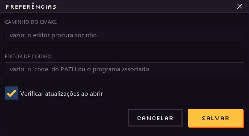 Janela Preferências com Caminho do CMake, Editor de código e Verificar atualizações ao abrir.