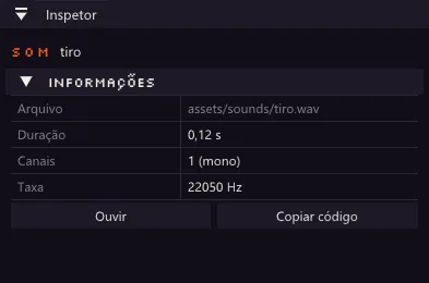 Inspetor do som tiro com Arquivo, Duração, Canais e Taxa, e os botões Ouvir e Copiar código.